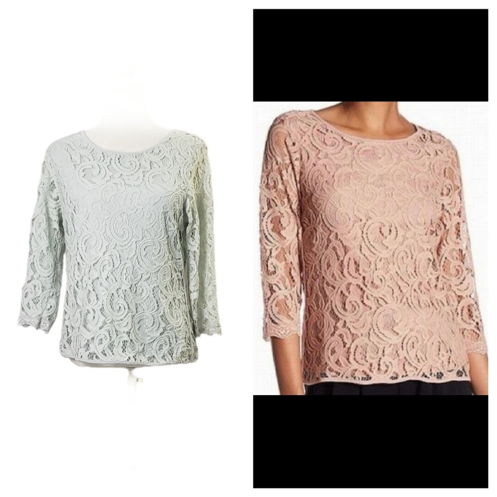 ⚪️2/$20 Adrianna Papell 3/4 Sleeve Lace Top in Gray Frost Sz L Mother Of Bride